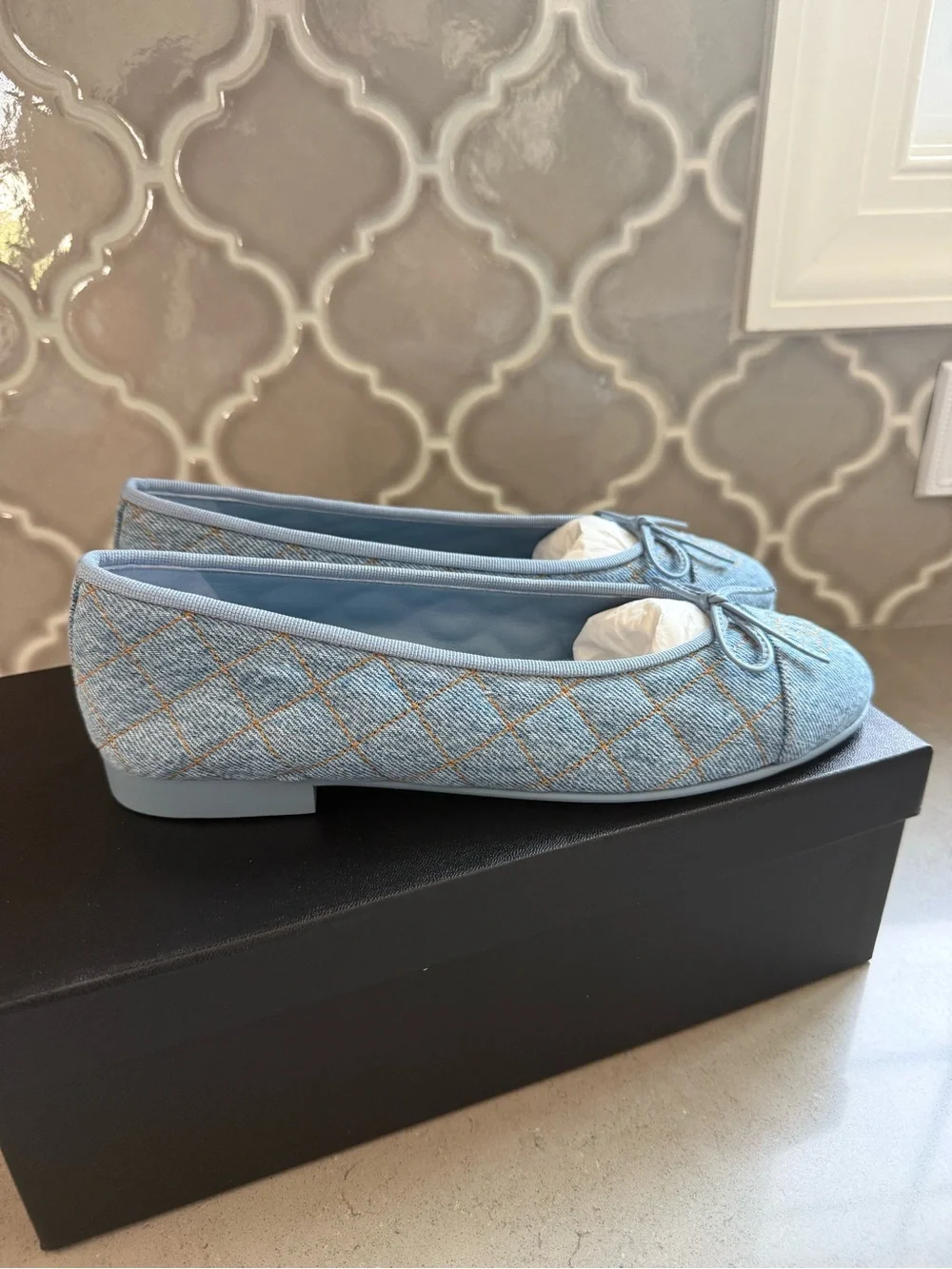BNWT Chanel 26B Denim Light Blue Quilted Ballet Flat, Size 38.5